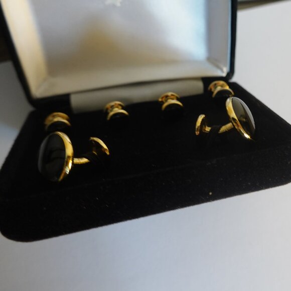 Men's Black and Gold Tuxedo Cufflinks and Studs - Picture 1 of 2
